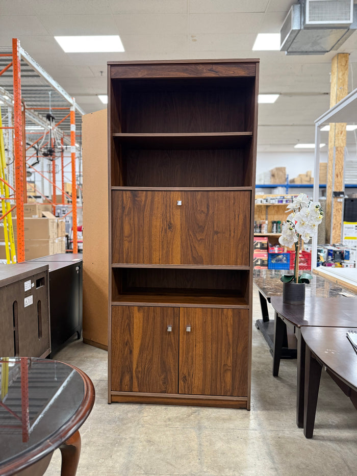 Wooden Credenza with Multiple Shelves and Cabinets