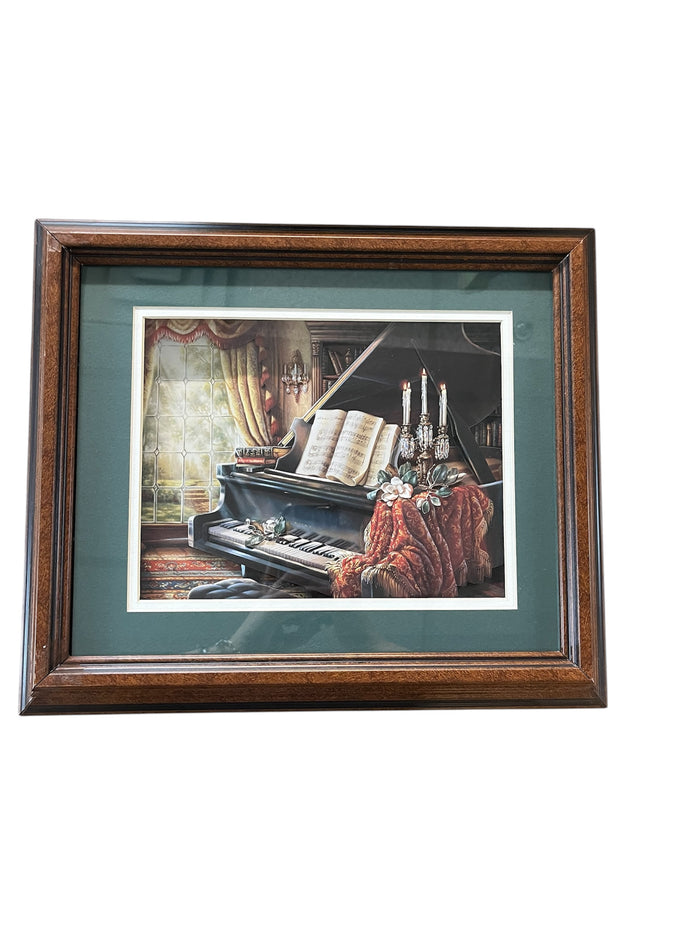 Grand Piano Diorama Shadowbox- Green Background on Chestnut Wood Frame