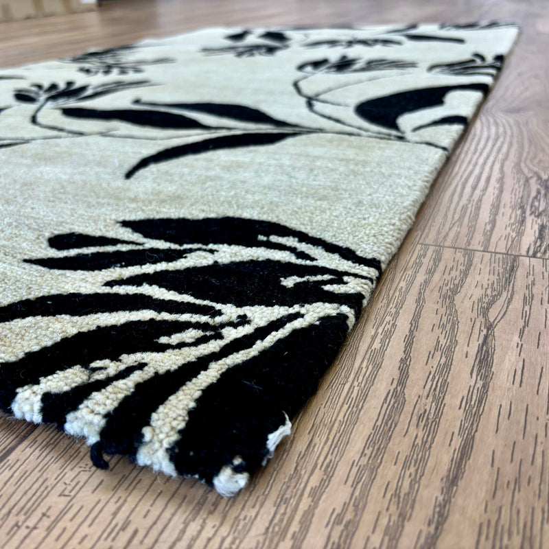 3x5-ft Floral Handmade Rug, Black on Beige, 100% Wool, 248