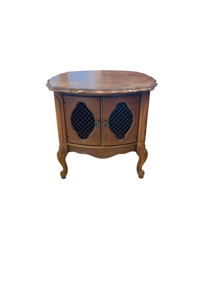 Curved Front Accent Table with Mesh Cabinet Doors