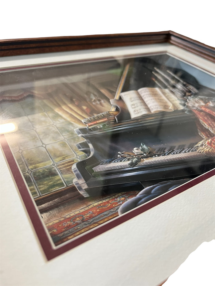Grand Piano Diorama Shadowbox- White Background on Chestnut Brown Wood Frame