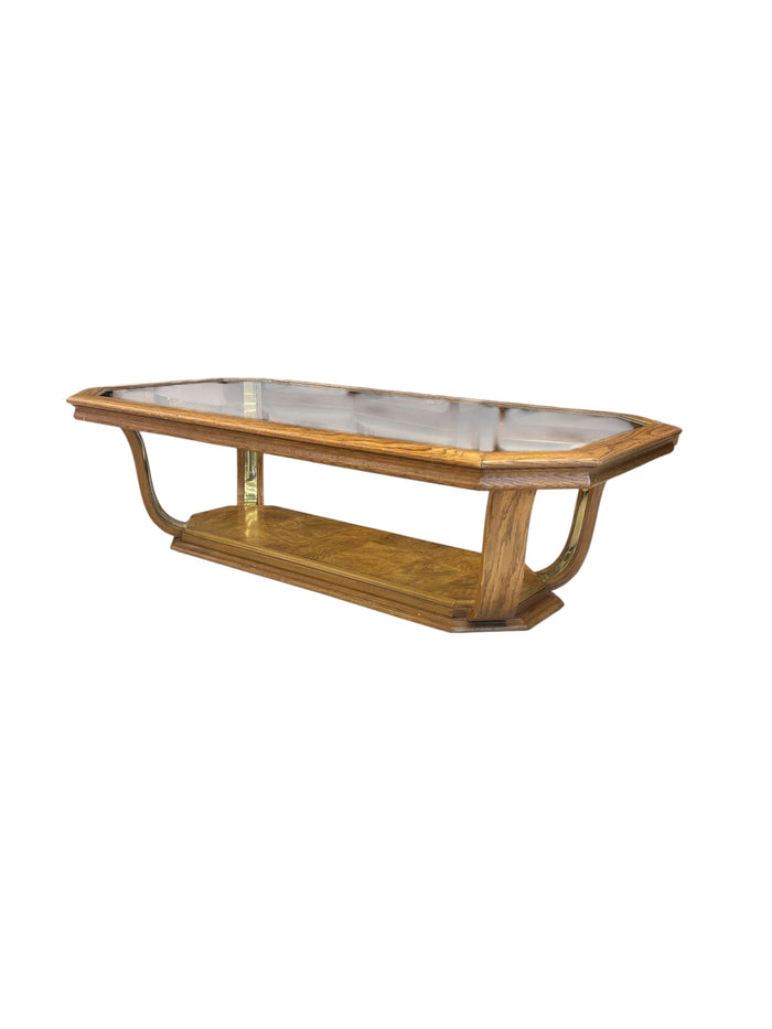 Oak Tone Wood & Glass Coffee Table with Gold Accents