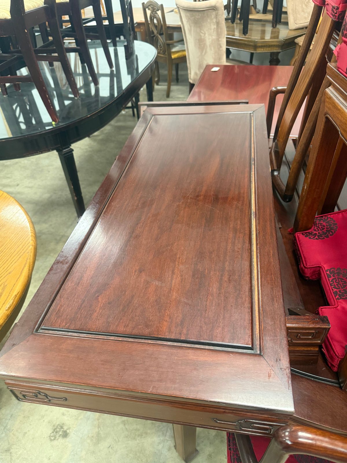Vintage Chinese Dark Wood Round Dining Set