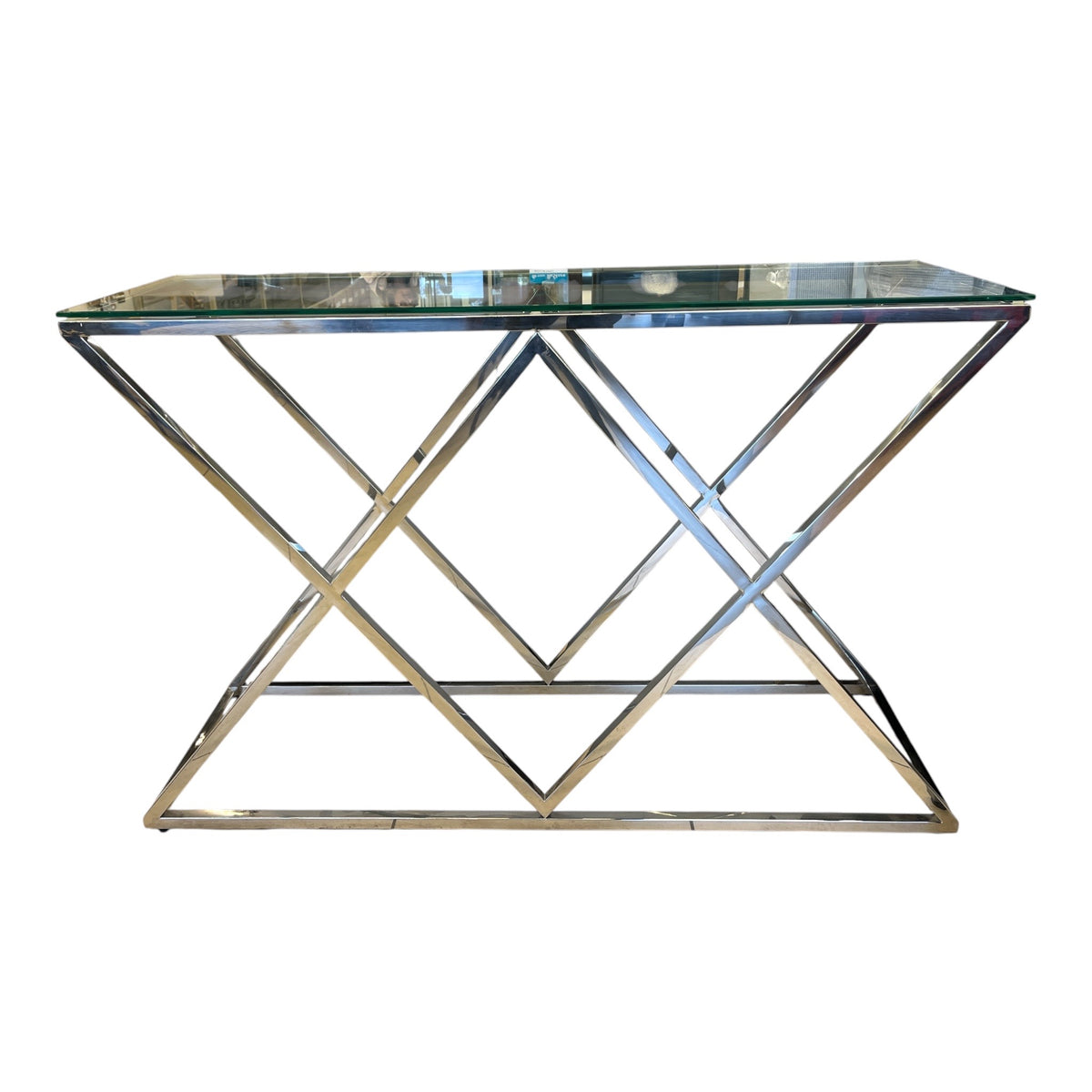 Modern Geometric Glass Console Table w/ Chrome Metal Frame