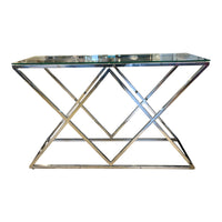 Modern Geometric Glass Console Table w/ Chrome Metal Frame