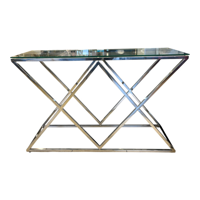 Modern Geometric Glass Console Table w/ Chrome Metal Frame