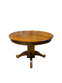 Round Vintage Oak Kitchen Pedestal Table on Original Casters