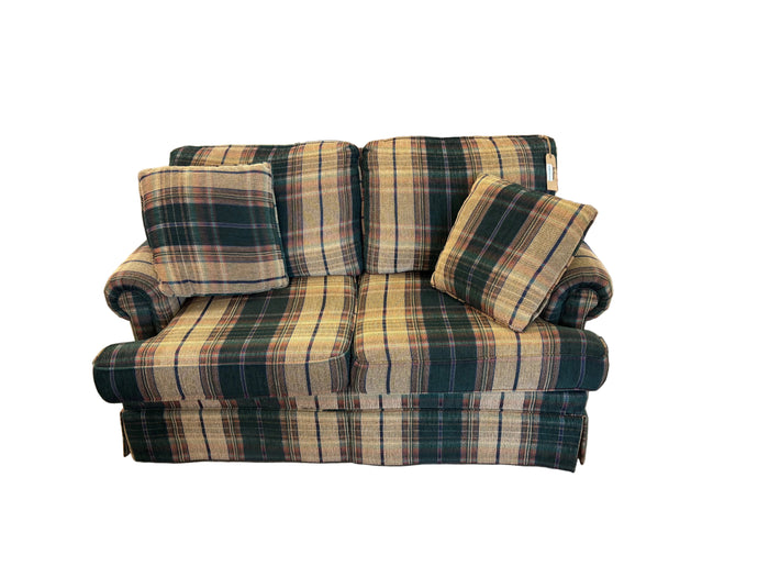 Classic Green and Tan Plaid Upholstered Loveseat Sofa