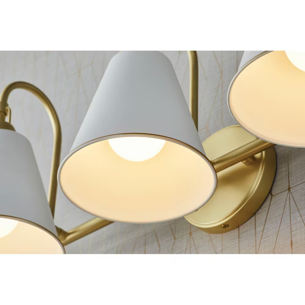 Allegra 3-Light Brushed Brass Gold & White Metal Shade, Bath Vanity Light