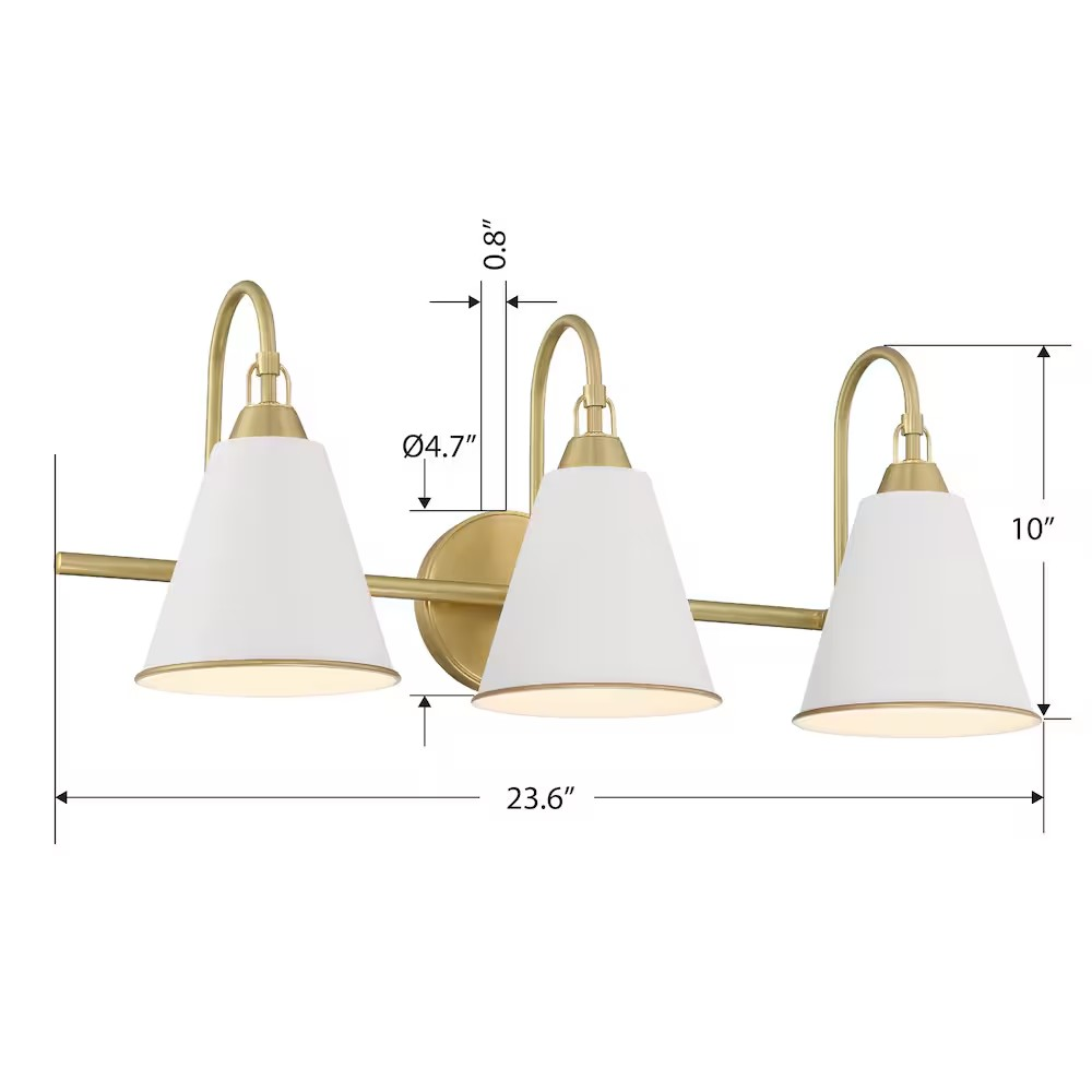 Allegra 3-Light Brushed Brass Gold & White Metal Shade, Bath Vanity Light