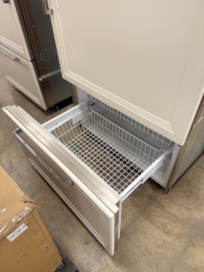 White Modern Viking Panel Ready Refrigerator with a Bottom Freezer