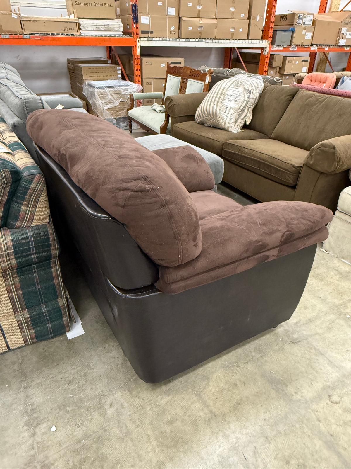 Large Dark Brown Plush Armchair with Leather Accents