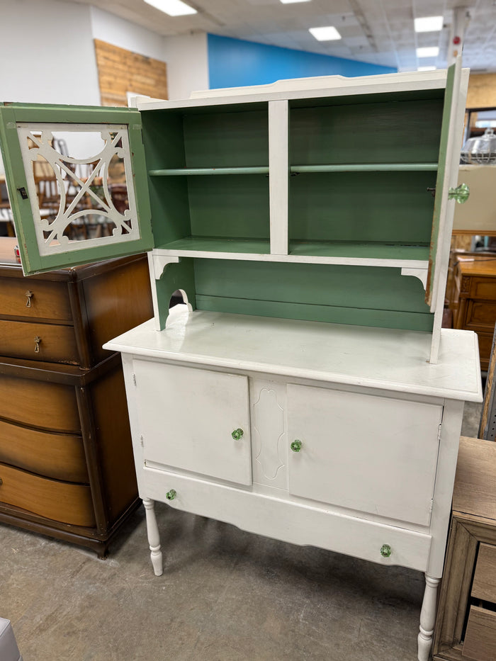 White and Mint Green Vintage Hooiser Kitchen Cabinet