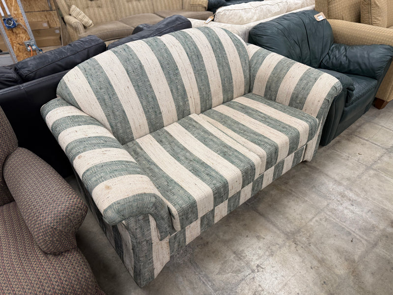 White and Green Striped Fabric Loveseat