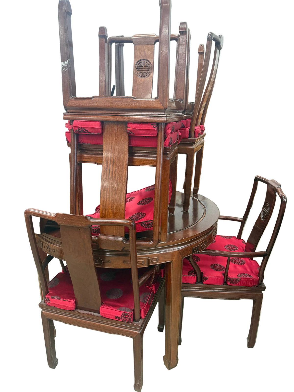 Vintage Chinese Dark Wood Round Dining Set