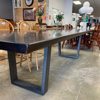 120-Inch W Summit Dining Table – Textured Dark Wood with Sculptural Base