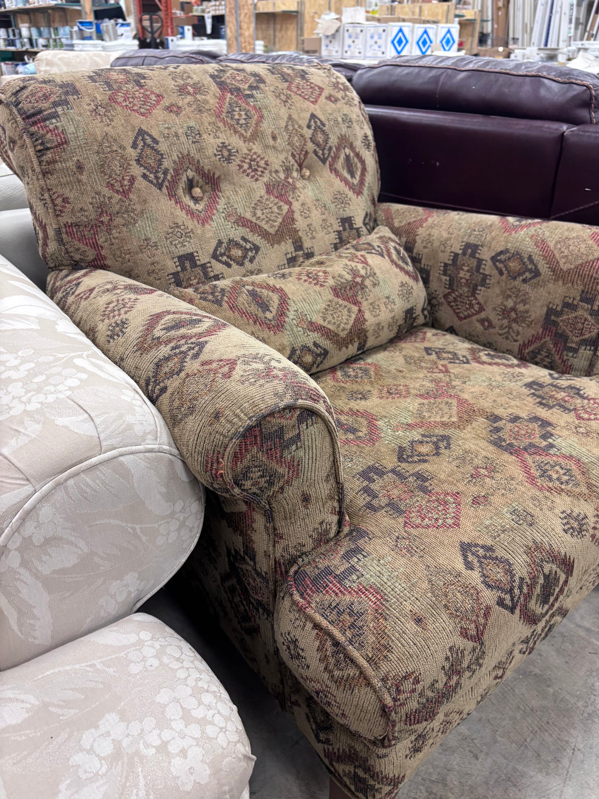 Earth-Tones Tapestry Style Accent Chair w. Lumbar Pillow