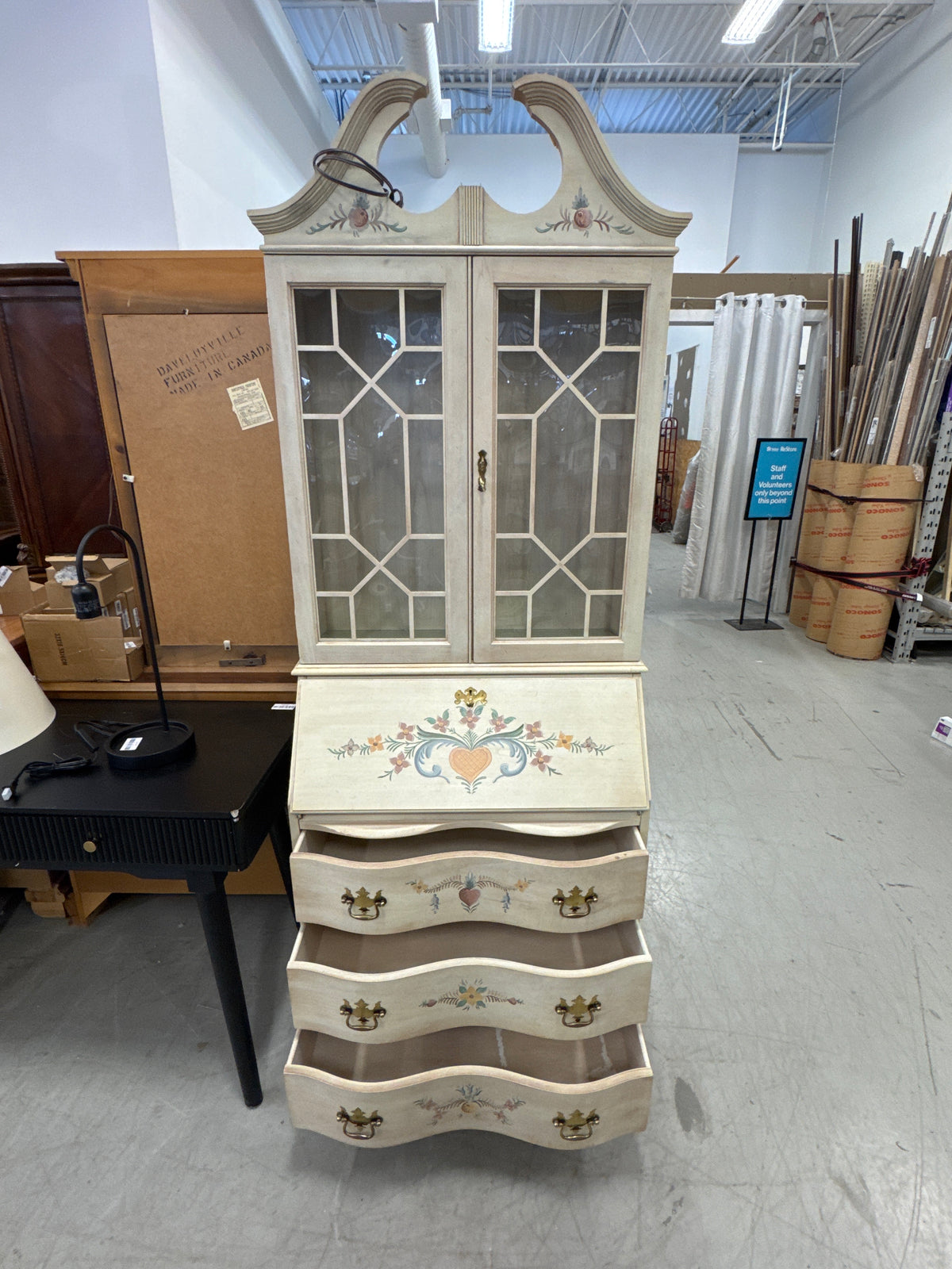 30” Wide - Cream Secretary Desk and Hutch Featuring Delicate Hand-Painted Floral Motifs and Glass Upper Cabinet Doors.