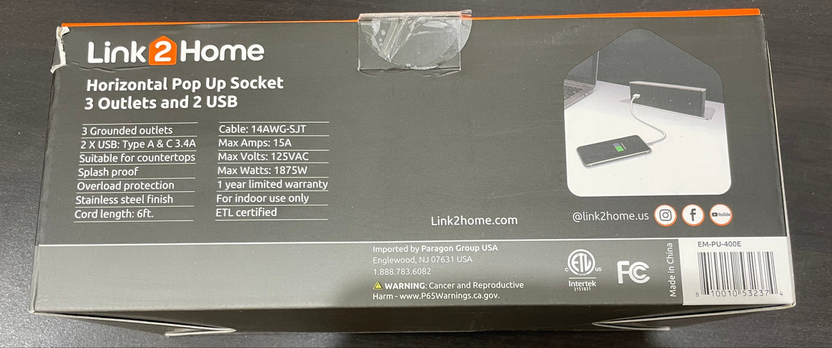 Link2Home Horizontal Pop Up Socket - 3 Outlets 2 USB