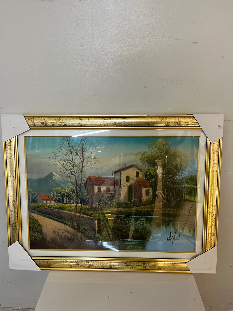 Framed Rustic Countryside Landscape Painting