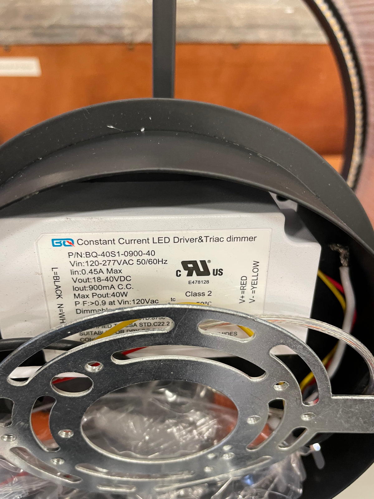 Round Black Metal Frame LED with Fine Brown Pinstripe Shade