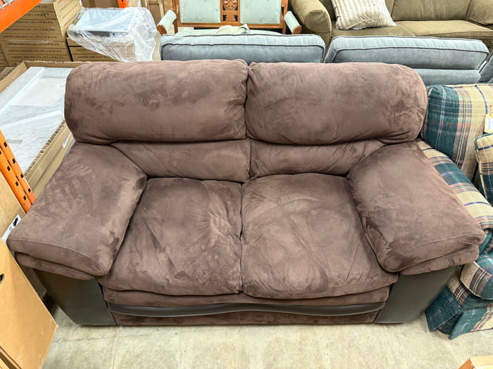 Dark Brown Plush Loveseat with Leather Accents