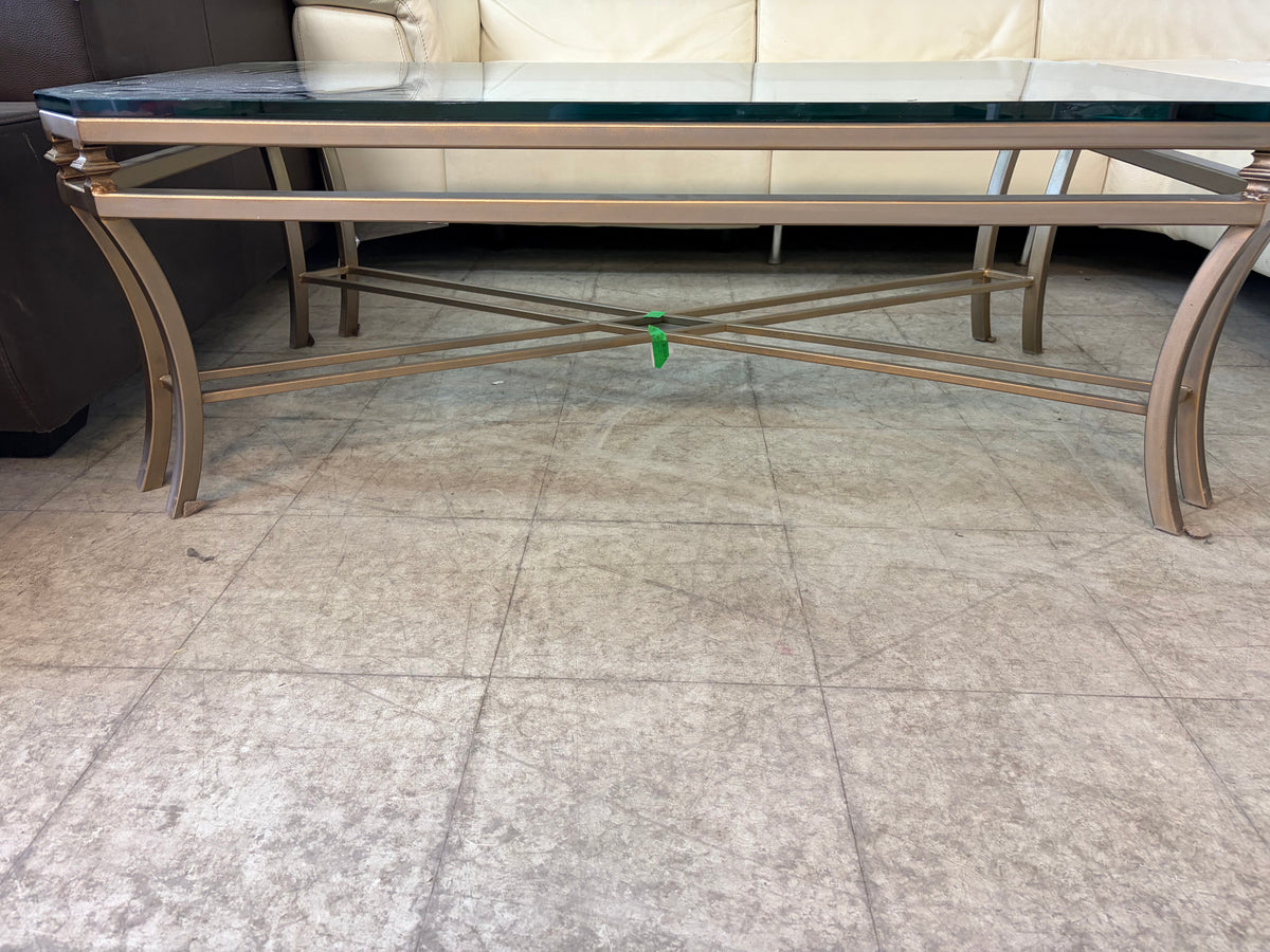 Antique Brasse Tone Metal Base and Glass-top Coffee Table