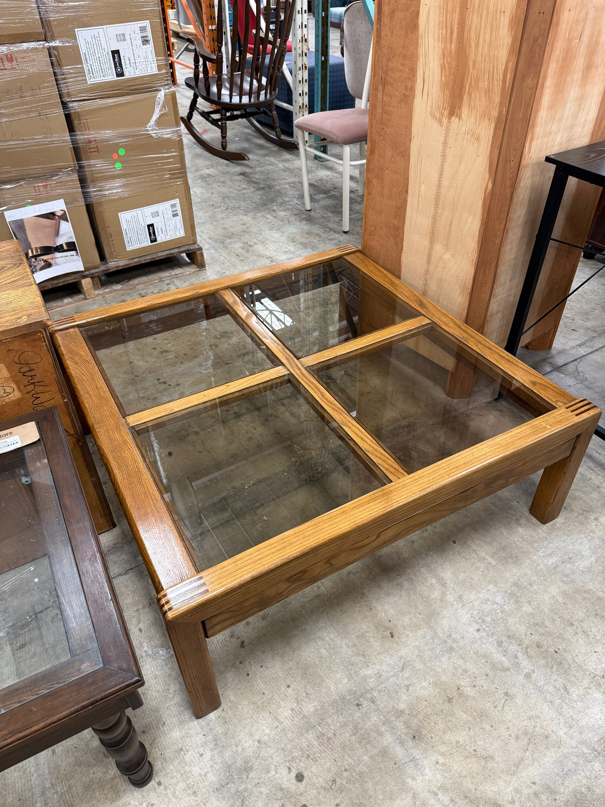 Vintage Square Coffee Table with Glass-Panelled Top