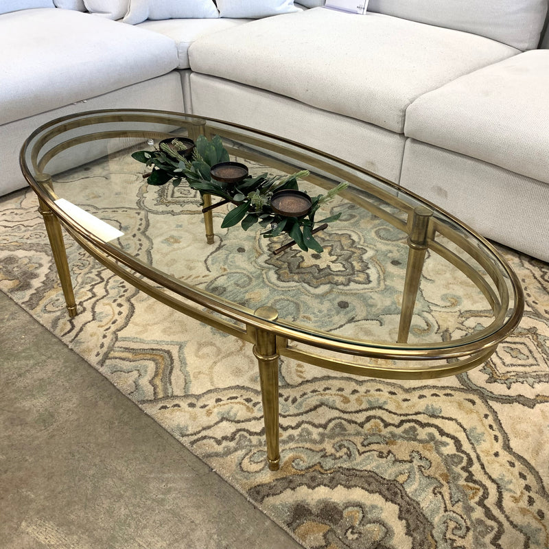 54.5-Inch W Oval Coffee Table – Brushed Brass Frame with Glass Insert