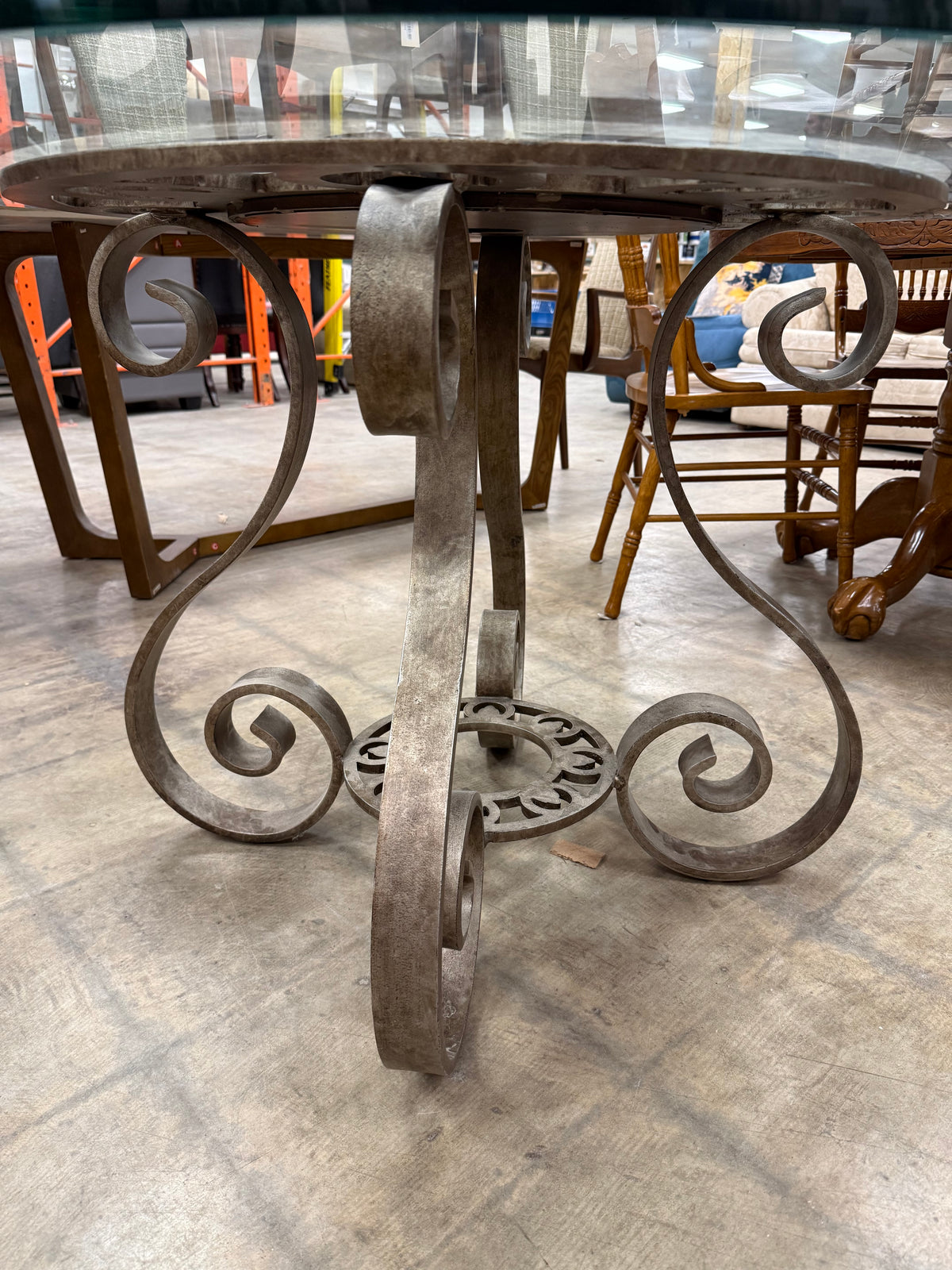 Round Glass-top with Wrought Iron and Inlay Stone Pedestal Base Dining Table