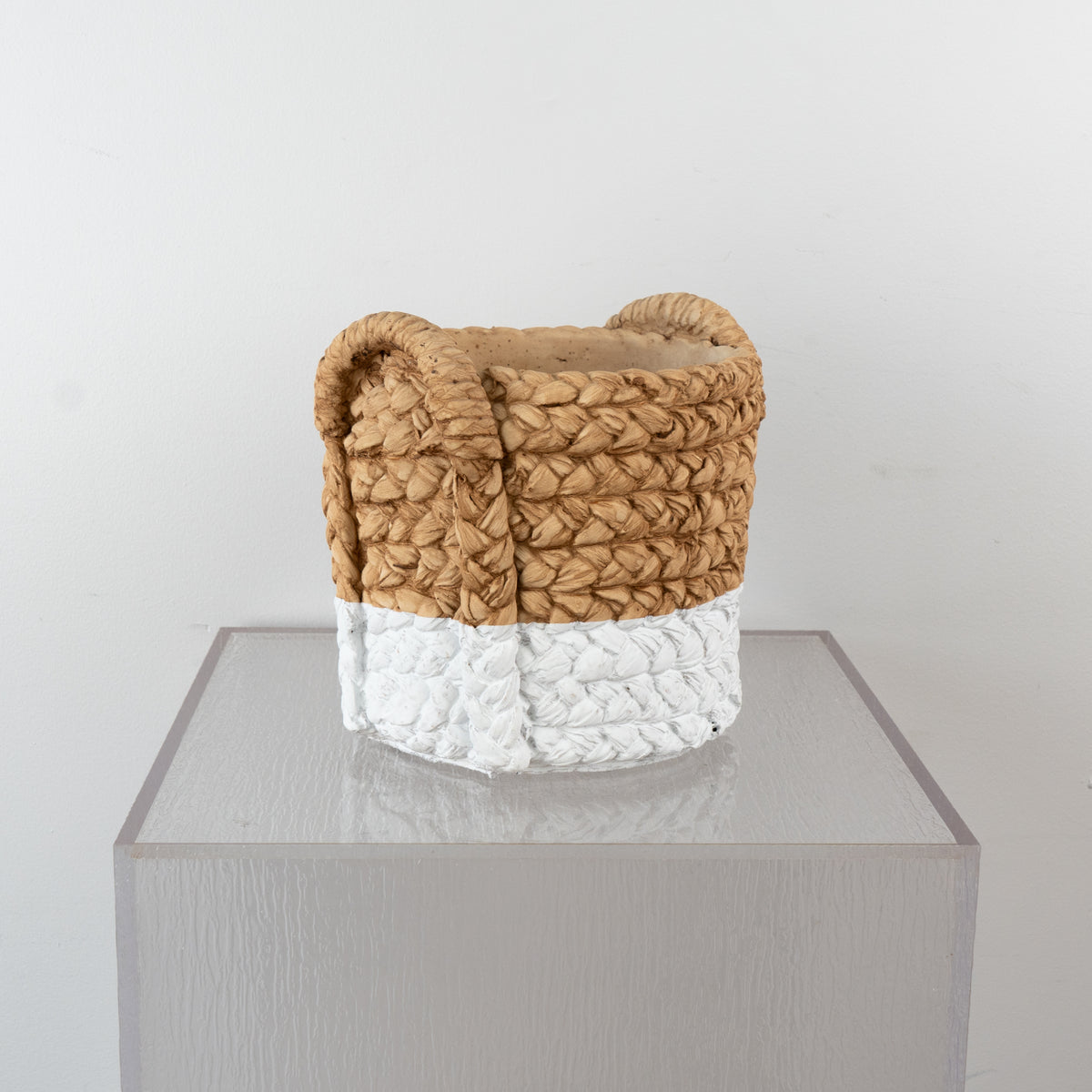 Basket Weaved Cement Pot With White Base