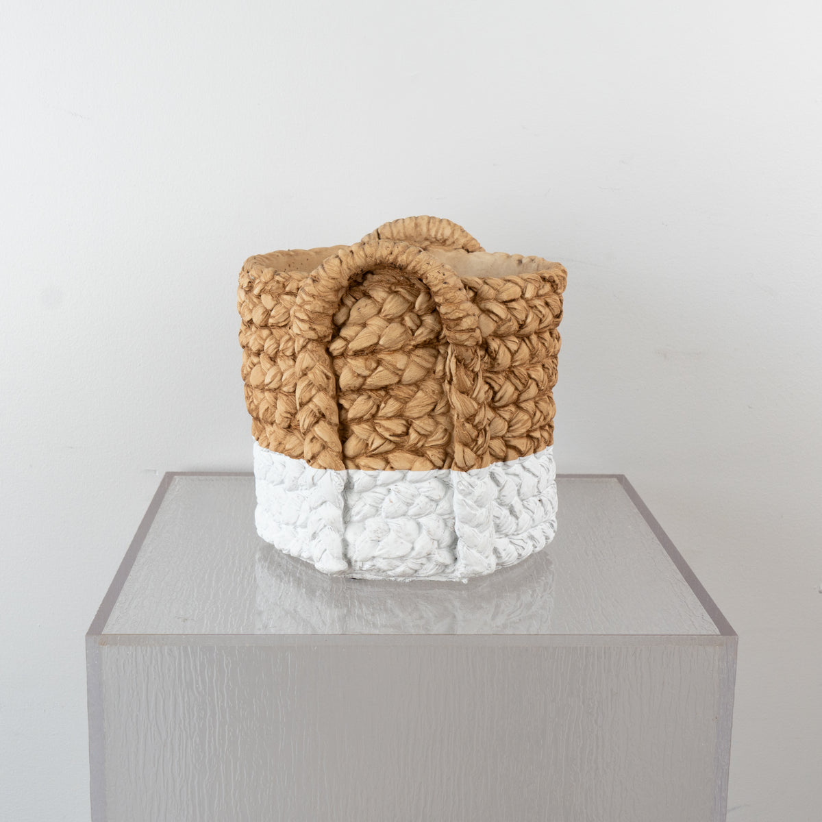 Basket Weaved Cement Pot With White Base