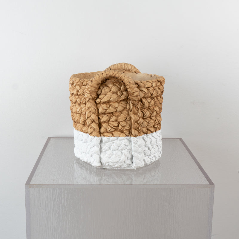 Basket Weaved Cement Pot With White Base