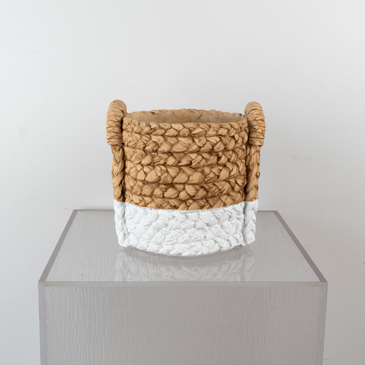 Basket Weaved Cement Pot With White Base