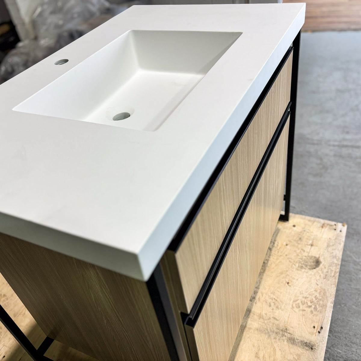 Wooden Vanity with Metal Frame & 1-H Countertop – 36-Inch W