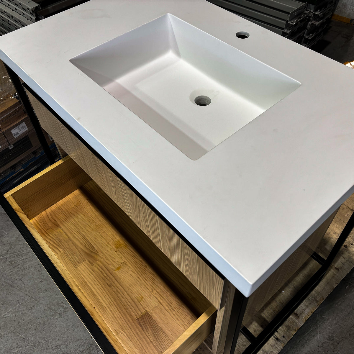 Wooden Vanity with Metal Frame & 1-H Countertop – 36-Inch W