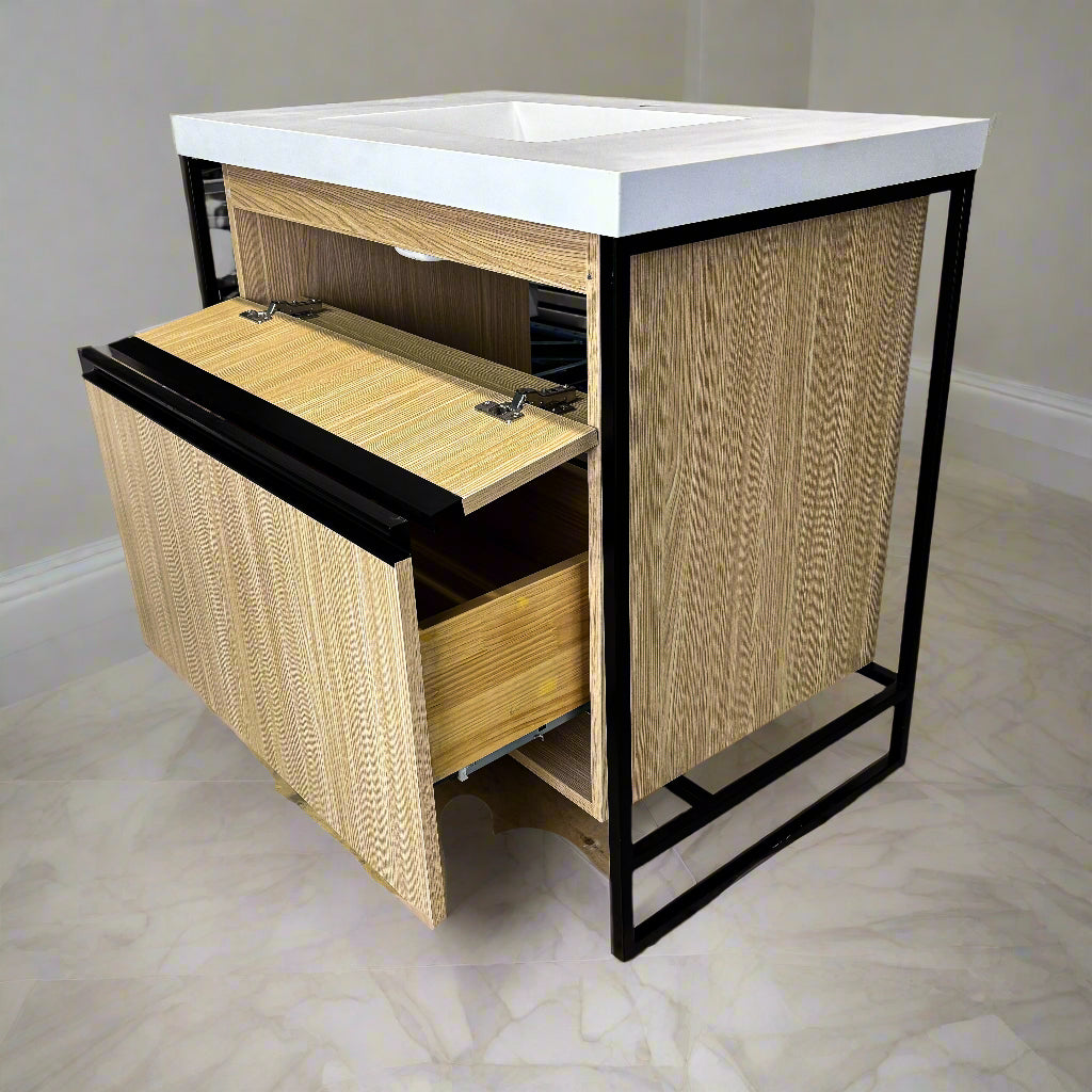 Wooden Vanity with Metal Frame & 1-H Countertop – 36-Inch W