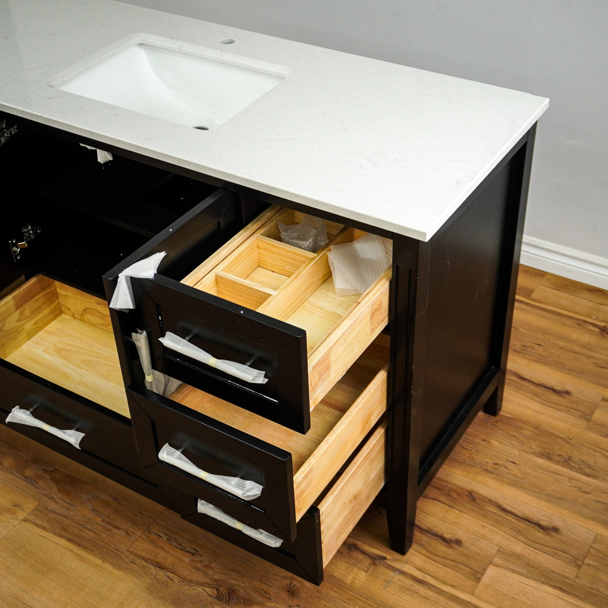 Art Bathe Houston 60 in W x 22 in D Black Vanity (Damaged Leg) with White Quartz Top with White Sink and Power Bar-Organizer