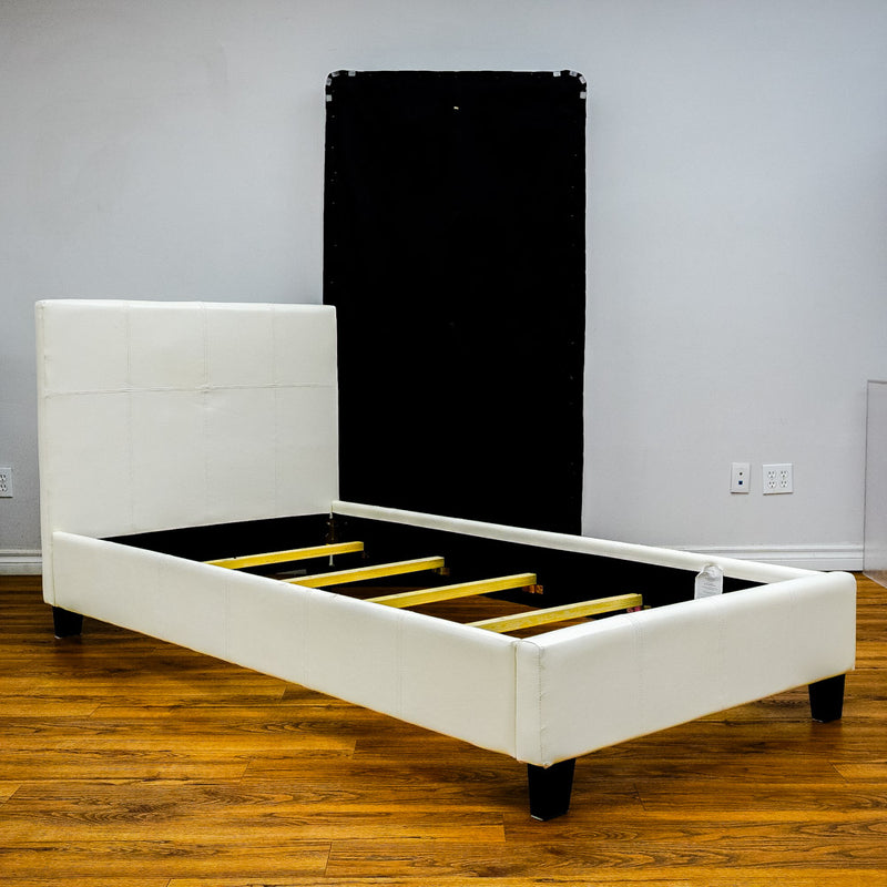 81x41x14-Inch Twin Bed Frame with Headboard in White Faux Leather