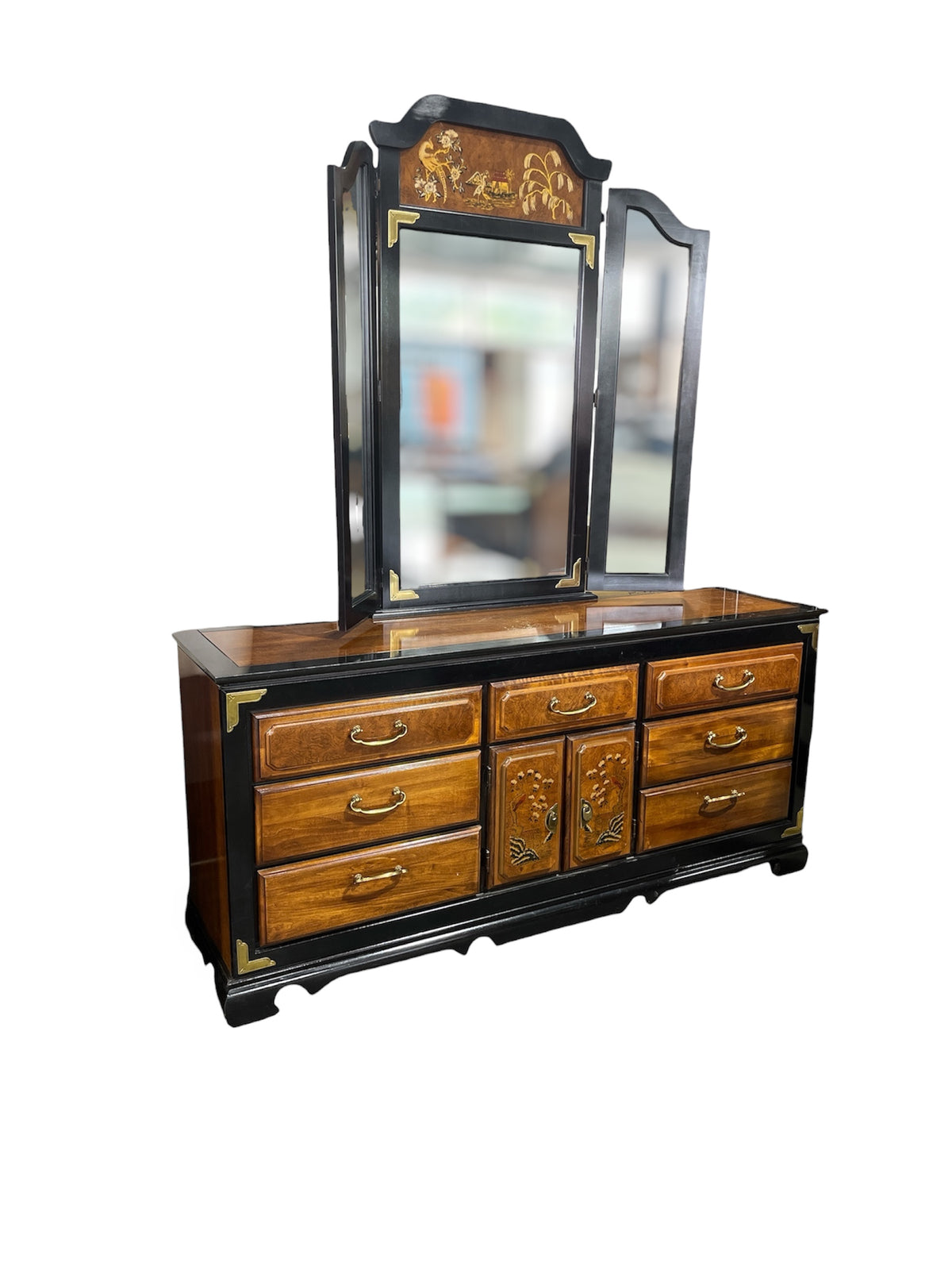 Burl Wood Dresser with Tri-Fold Mirror & Bird & Floral Motifs