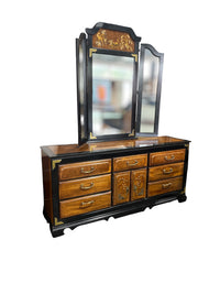Burl Wood Dresser with Tri-Fold Mirror & Bird & Floral Motifs