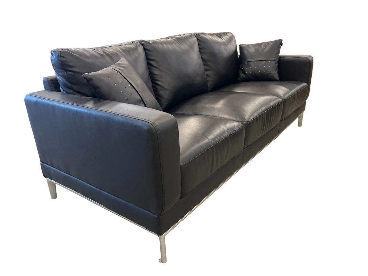 3-Seater Modern Black Leather Sofa with Chrome Legs