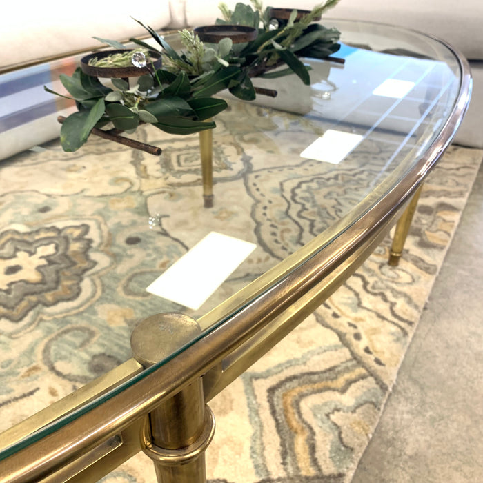 54.5-Inch W Oval Coffee Table – Brushed Brass Frame with Glass Insert