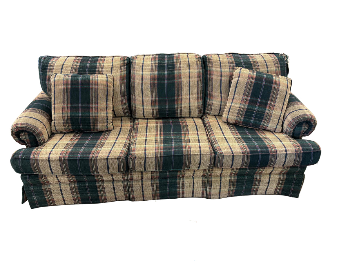 Classic Green and Tan Plaid Upholstered 3-Seater Sofa