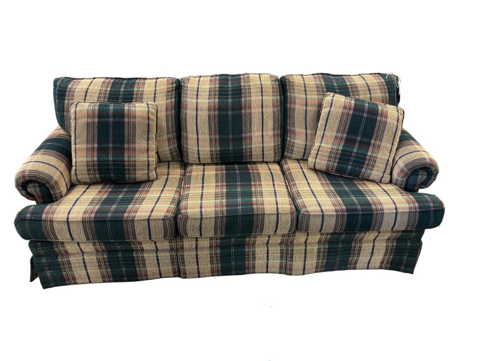 Classic Green and Tan Plaid Upholstered 3-Seater Sofa