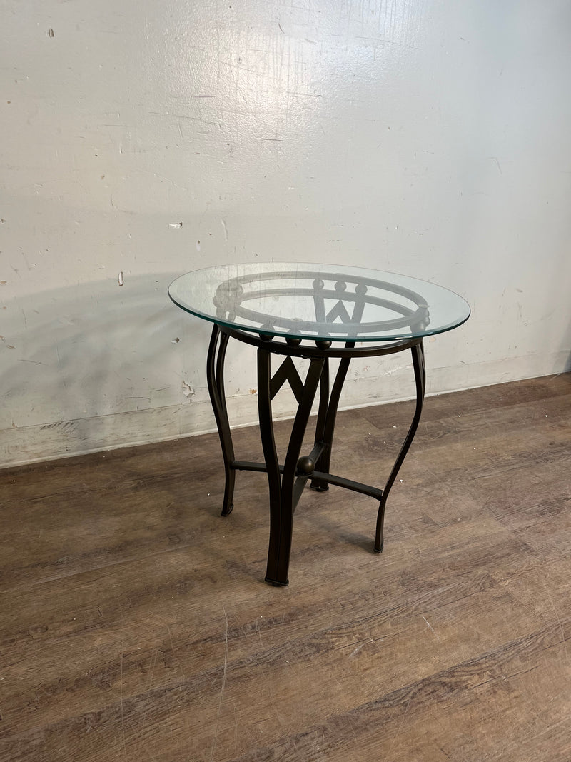 Glass Top Table with Bronze Metal Pedestal Base