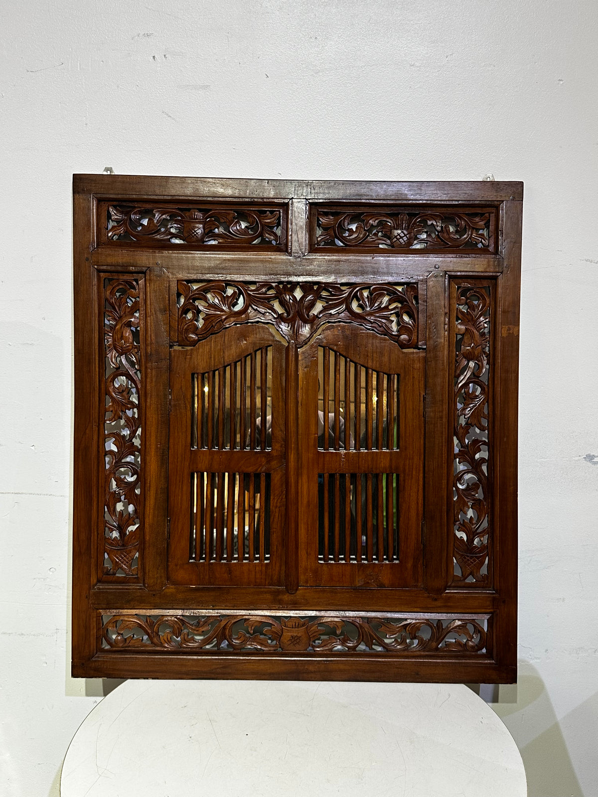 Stunning Hand-Carved Balinese Style, Wooden Window Mirror with Shutter Doors.