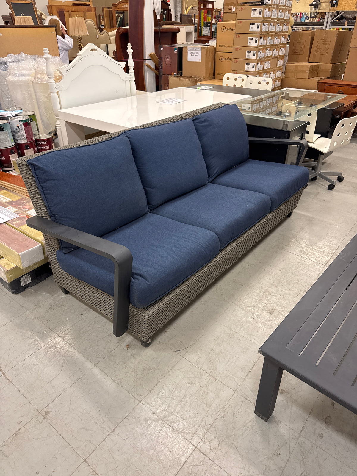 4 Pieces Patio Set Features Dark Navy Blue Cushions and a Grey Wicker Frame