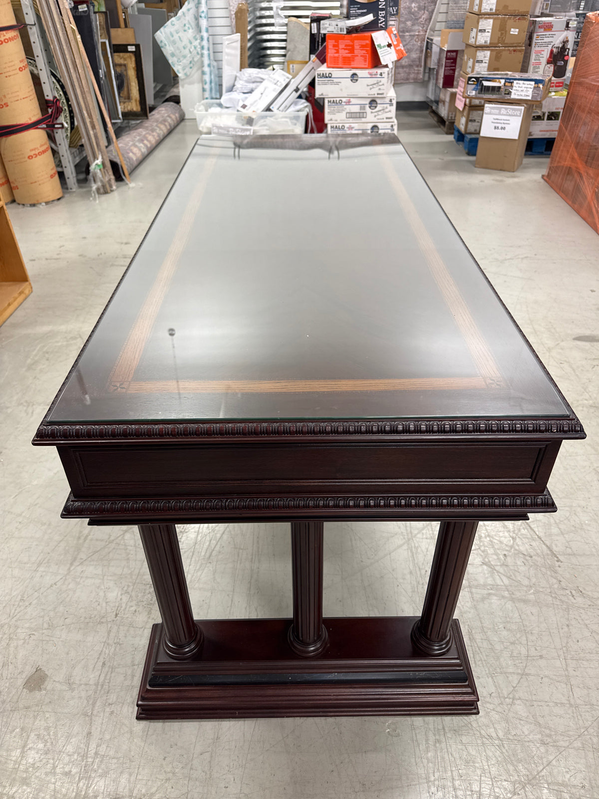 65 In. Wide Traditional Mahogany-Finish Richmond Executive Writing Desk with Glass Top by The Bombay Company