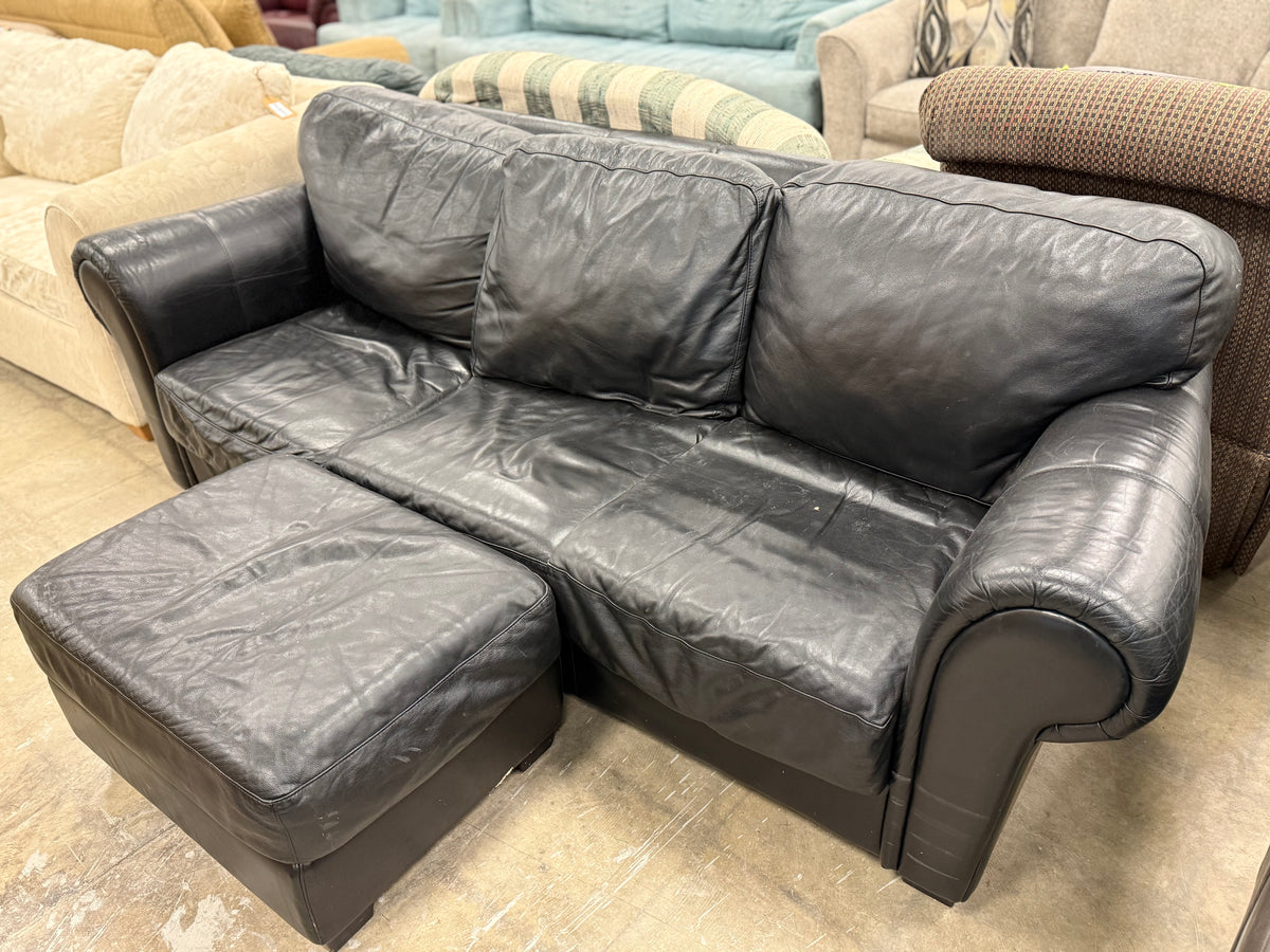 Black 3-Seater Leather Sofa w/ Ottoman